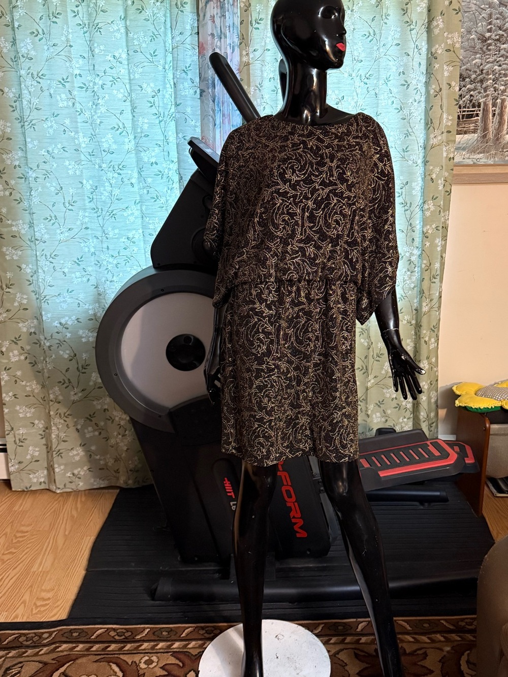 Jessica Howard Black Dress with Gold Scroll Print